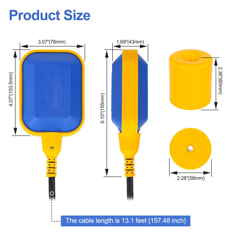 Baomain 4M 13ft Cable Float Switch, Water Level Controller, for Tank Pump, Water Tank or Sewage System On Auto Pilot, with Counterweight - Image 3
